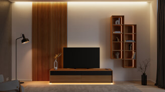 Obývacia stena LINE - komoda LINE Z32-240-1Z/1Z/1Z, APR / olej NATUR / WoodTouch čierna s osvetlením + knižnica LINE Z144-80, APR / olej NATUR s osvetlením + akustický panel