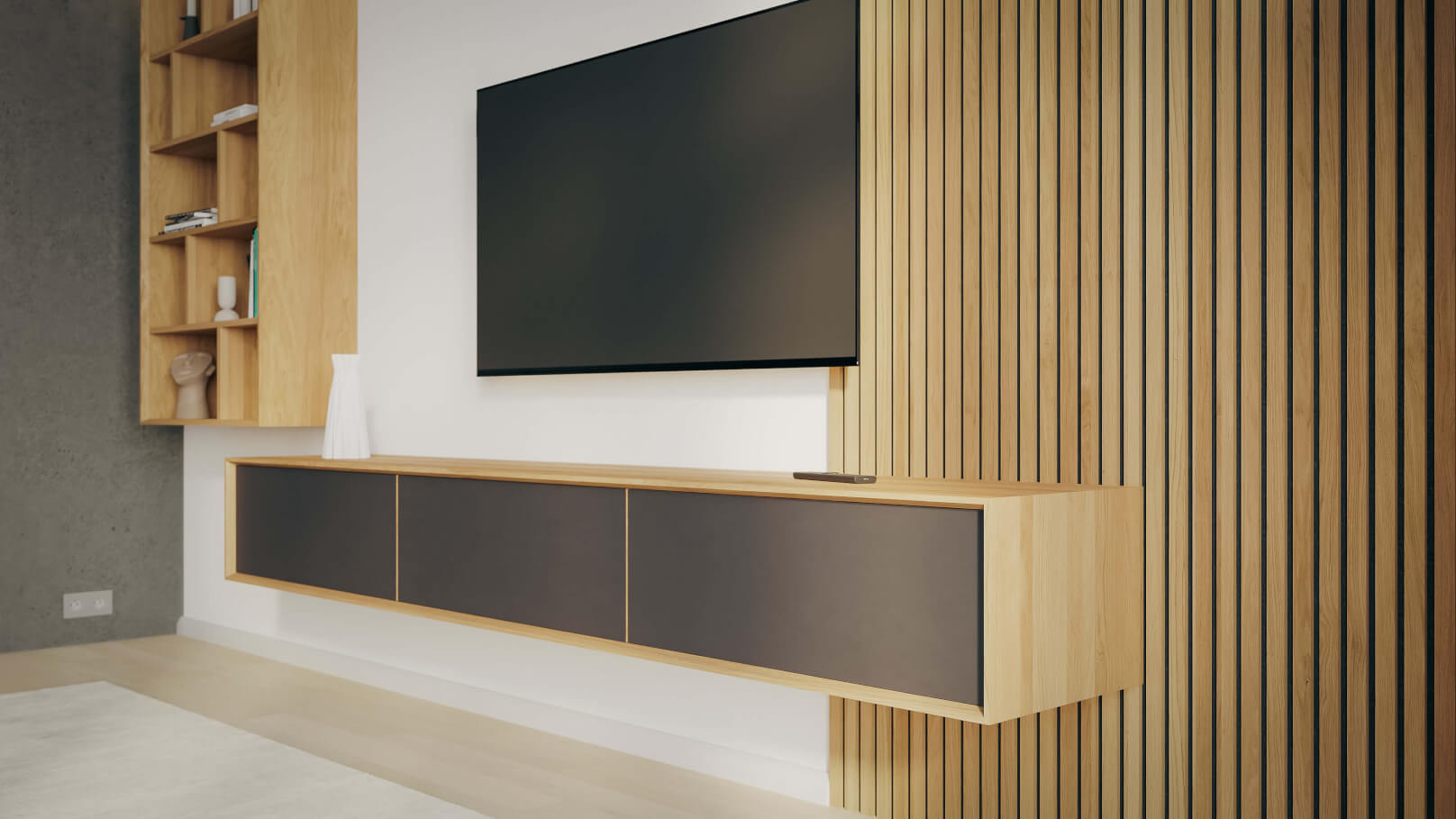 Obývacia stena LINE - závesná komoda LINE Z32-240-1Z/1Z/1Z, APR / olej NATUR / WoodTouch čierna + knižnica LINE Z144-80, APR / olej NATUR + akustický panel