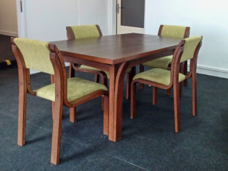 SEBA folding dining table and SEBA chairs, WALNUT stain / AZRA fabric DK 0165D