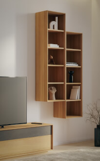 Obývací stěna LINE - knihovna LINE Z144-40 bez mezistěny, DUB / olej NATUR + detail komody LINE S40-200-2Z/2Z