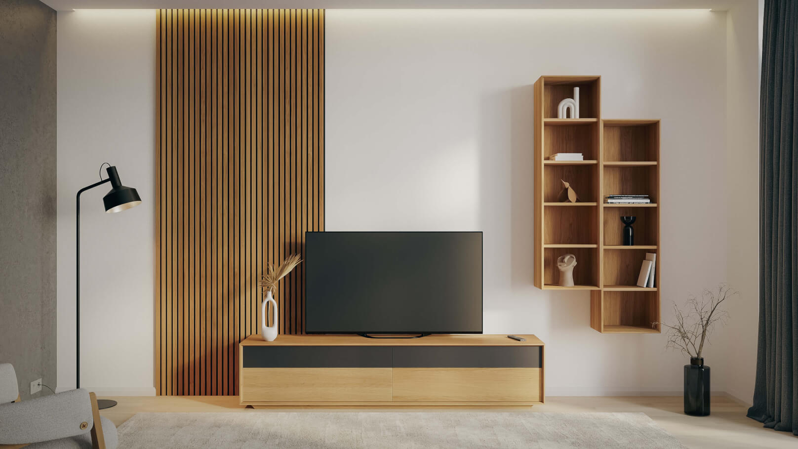 Obývacia stena LINE - komoda LINE S44-200-2Z/2Z, DUB / olej NATUR / WoodTouch čierna + knižnica LINE Z144-40 bez medzisteny, DUB / olej NATUR + akustický panel