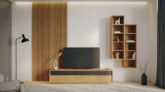 Obývacia stena LINE - komoda LINE S44-200-2Z/2Z, DUB / olej NATUR / WoodTouch čierna + knižnica LINE Z144-40 bez medzisteny, DUB / olej NATUR + akustický panel