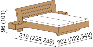 Rozměry postele FLABO s dřevěným čelem a nočními stolky (65 cm)