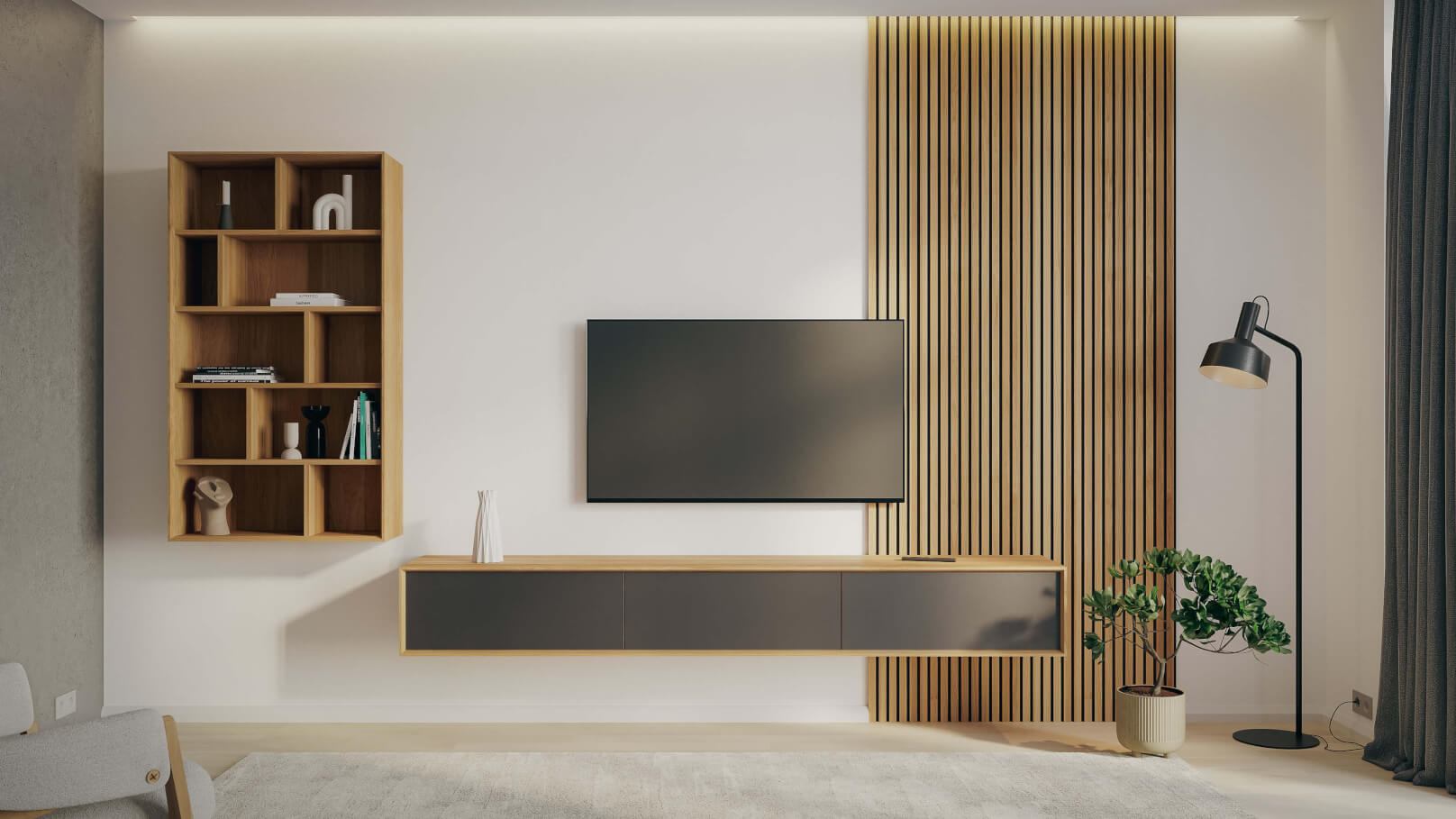 Obývacia stena LINE - závesná komoda LINE Z32-240-1Z/1Z/1Z, APR / olej NATUR / WoodTouch čierna + knižnica LINE Z144-80, APR / olej NATUR + akustický panel