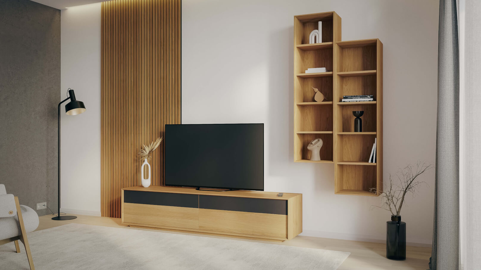 Obývacia stena LINE - komoda LINE S44-200-2Z/2Z, DUB / olej NATUR / WoodTouch čierna + knižnica LINE Z144-40 bez medzisteny, DUB / olej NATUR + akustický panel