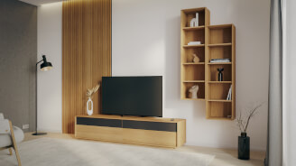 Obývacia stena LINE - komoda LINE S44-200-2Z/2Z, DUB / olej NATUR / WoodTouch čierna + knižnica LINE Z144-40 bez medzisteny, DUB / olej NATUR + akustický panel