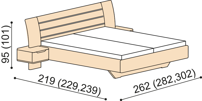 Perovka posteľ FLABO s dreveným čelom / nočné stolíky 45 cm, borovica ZIRBE