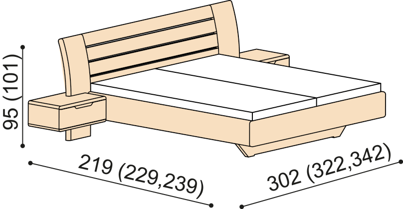 Perovka posteľ FLABO s dreveným čelom / nočné stolíky 65 cm, borovica ZIRBE