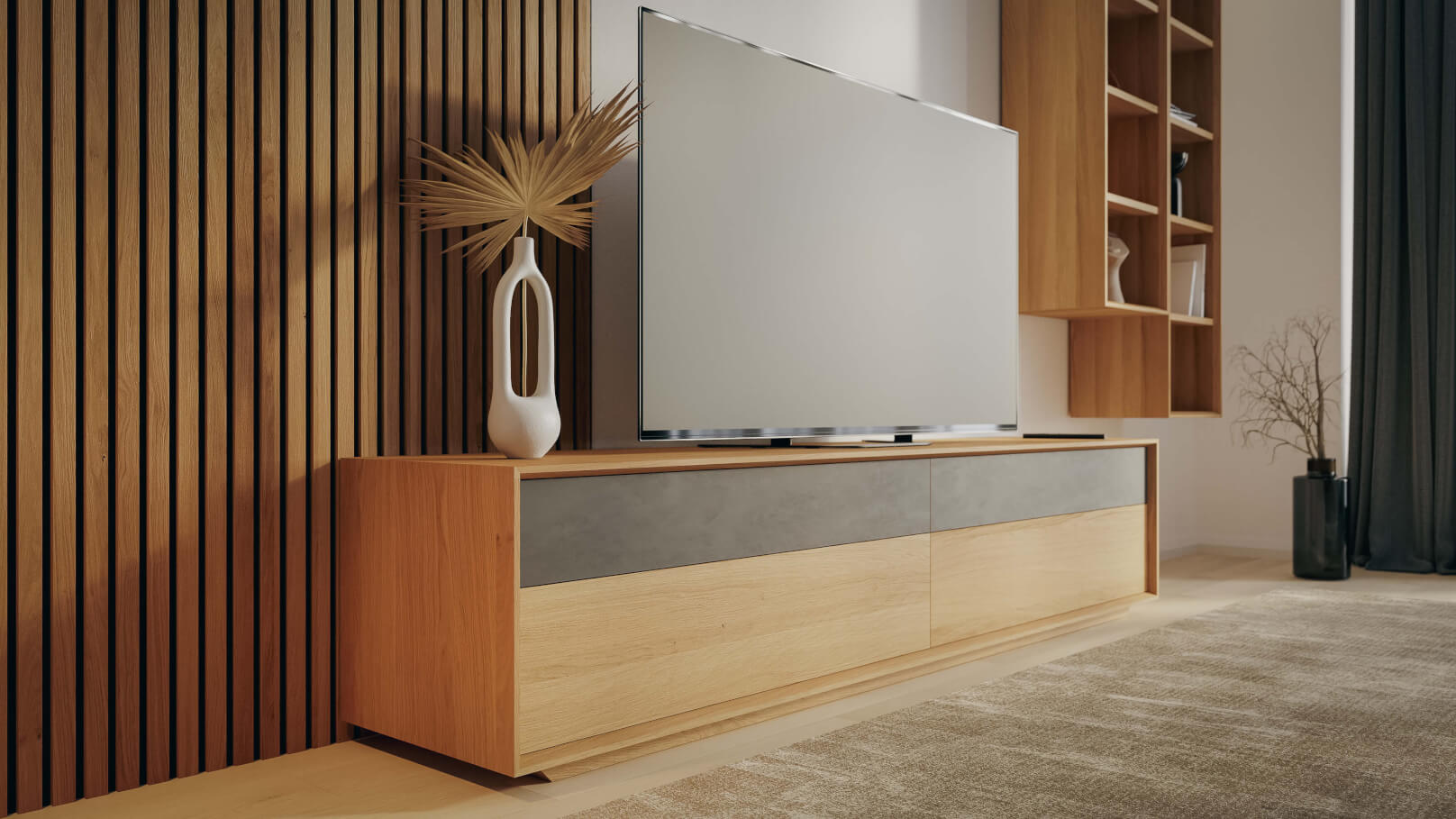 Obývacia stena LINE - komoda LINE S44-200-2Z/2Z, DUB / olej NATUR / WoodTouch čierna + knižnica LINE Z144-40 bez medzisteny, DUB / olej NATUR + akustický panel