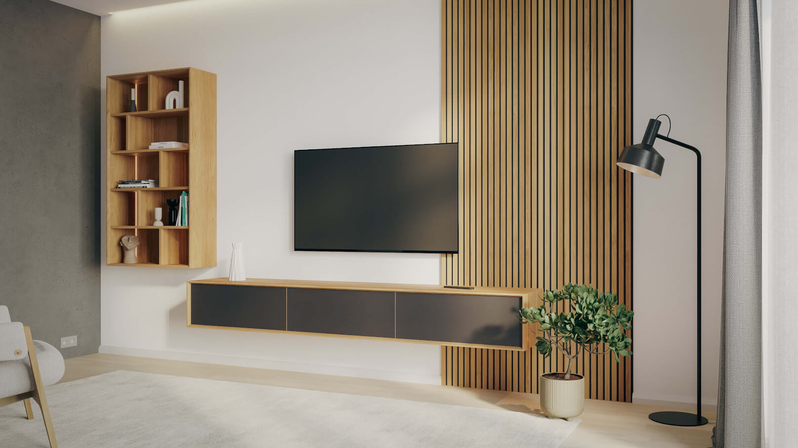 Obývacia stena LINE - závesná komoda LINE Z32-240-1Z/1Z/1Z, APR / olej NATUR / WoodTouch čierna + knižnica LINE Z144-80, APR / olej NATUR + akustický panel