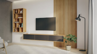 Obývacia stena LINE - závesná komoda LINE Z32-240-1Z/1Z/1Z, APR / olej NATUR / WoodTouch čierna + knižnica LINE Z144-80, APR / olej NATUR + akustický panel