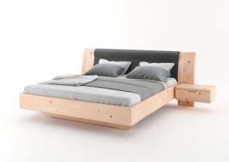 FLABO bed with upholstered headboard/bedside tables 45 cm, ZIRBE pine
