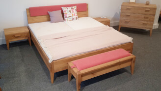 MIA bed with bedside tables, bench and backrest OAK/ oil HONEY, fabric ASTORIA 8