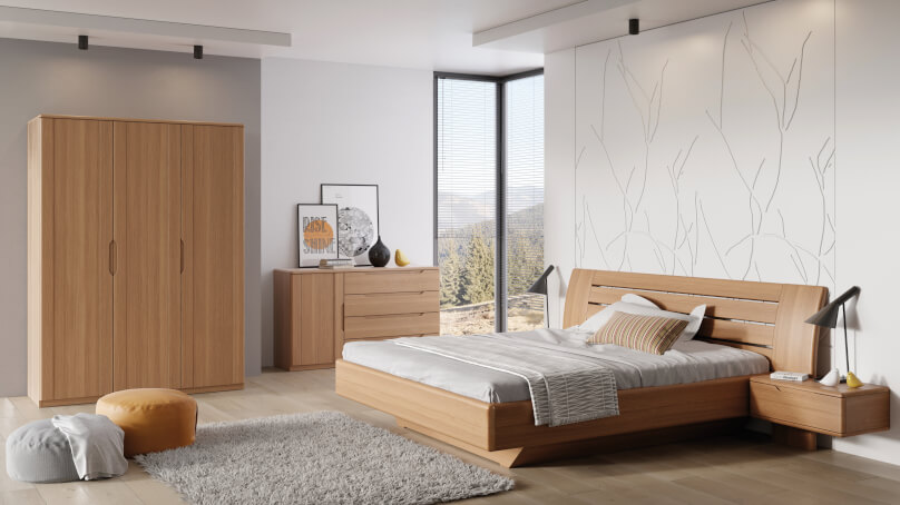 FLABO bed with wooden headboard with bedside tables
